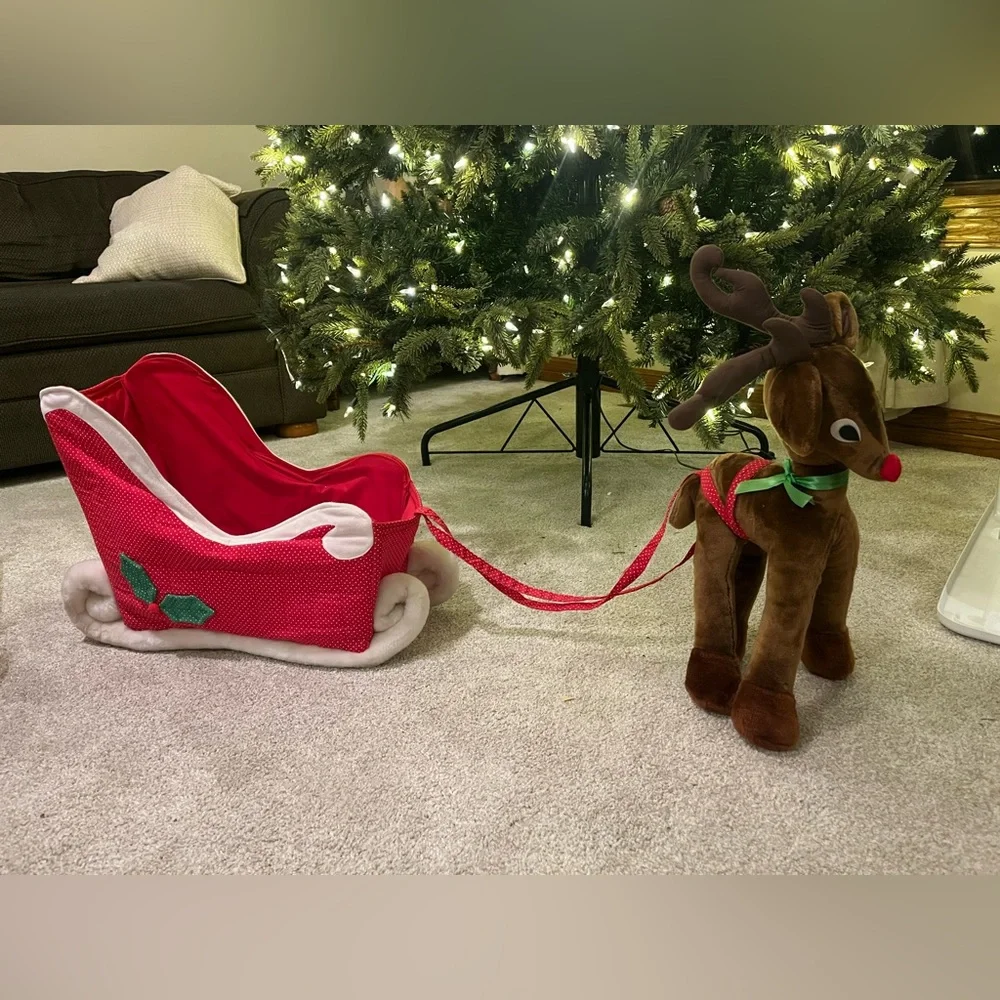 Vintage Plush Reindeer with Red Sleigh Set, Christmas Home Decor
